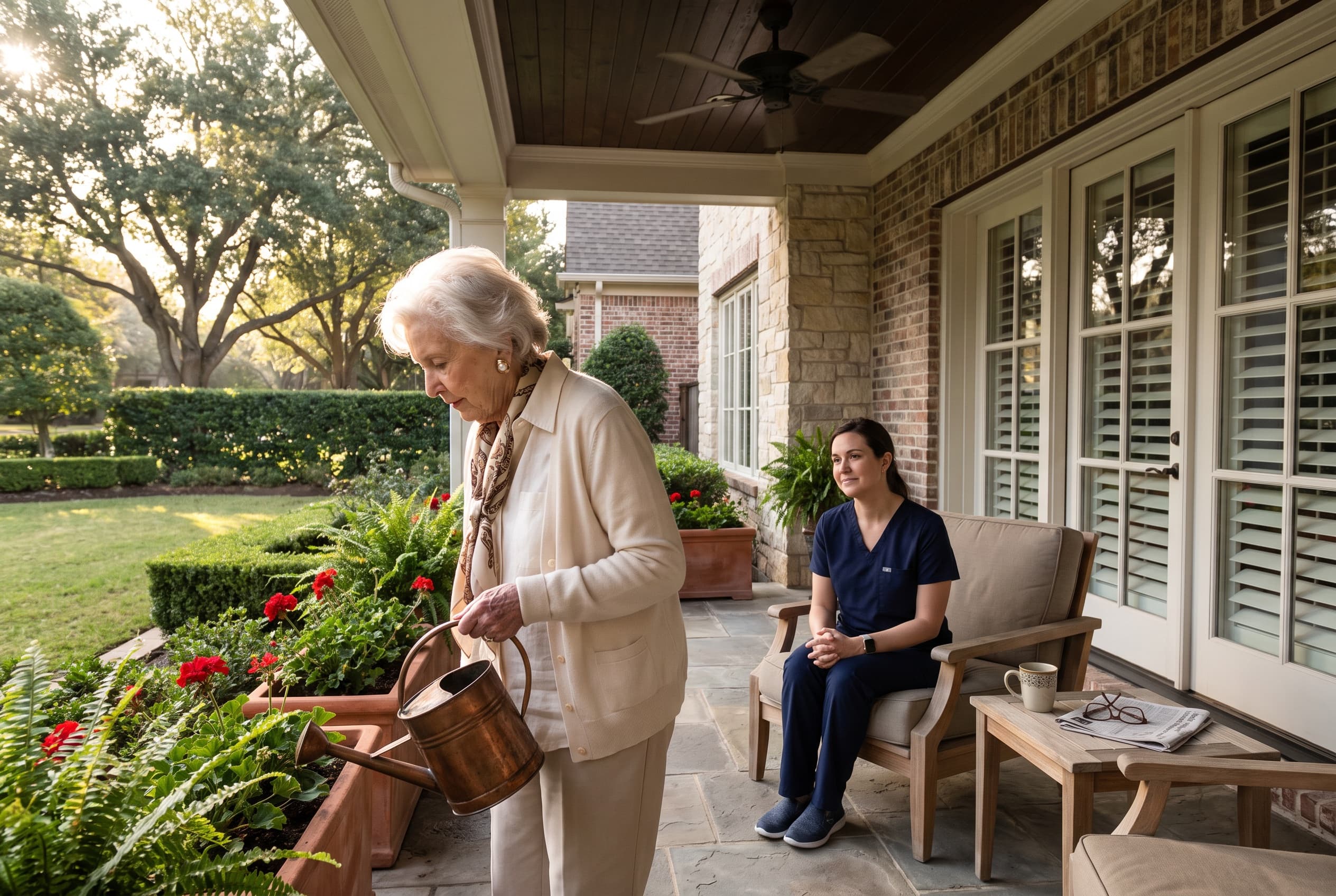 An older woman watering the geraniums on her covered patio while her Lifecare Options attendant sits nearby