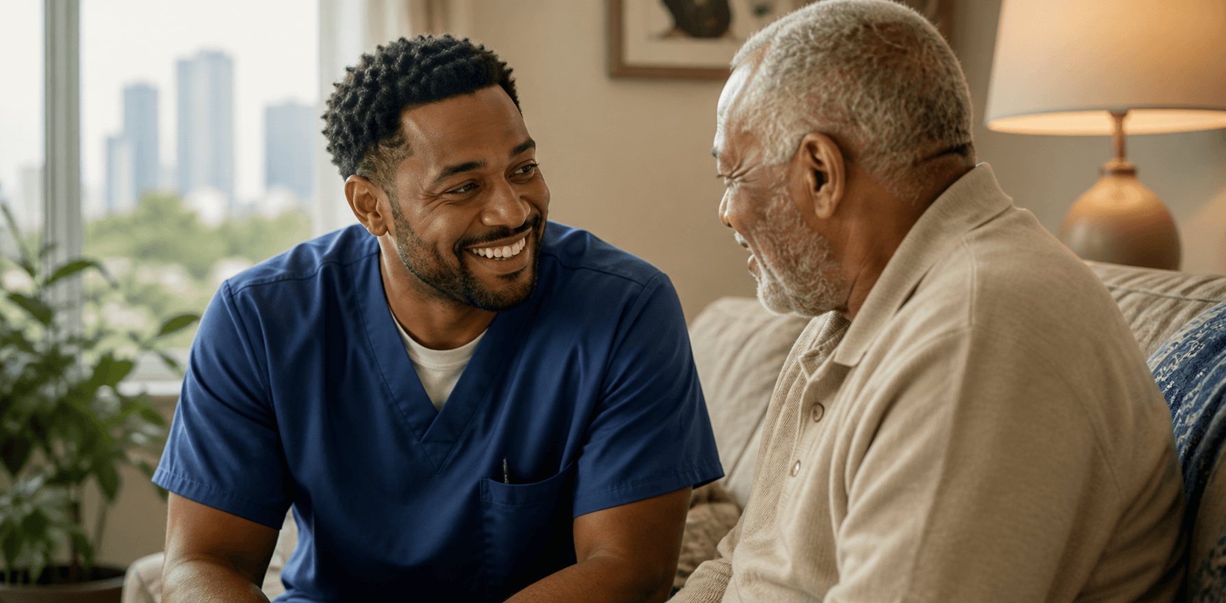 A home health nurse listening to an older adult during a visit at home